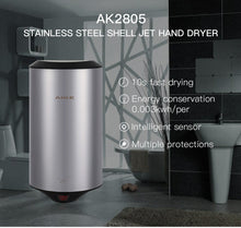 Load image into Gallery viewer, 304 Stainless Steel Automatic SensorJet Hand Dryer High Speed Airflow for Home Hotel Airport Hands Drying Machine