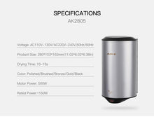 Load image into Gallery viewer, 304 Stainless Steel Automatic SensorJet Hand Dryer High Speed Airflow for Home Hotel Airport Hands Drying Machine