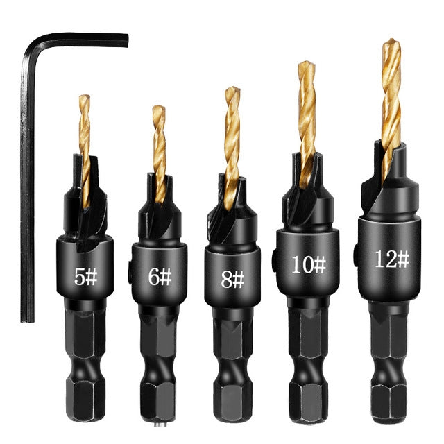 5 PCS/Set Countersink Woodworking Drill Bit Set Hexagon Screw Hardware Tool, Gold, Silver