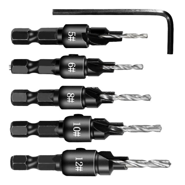 5 PCS/Set Countersink Woodworking Drill Bit Set Hexagon Screw Hardware Tool, Gold, Silver