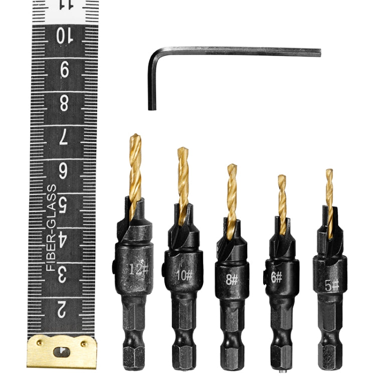 5 PCS/Set Countersink Woodworking Drill Bit Set Hexagon Screw Hardware Tool, Gold, Silver