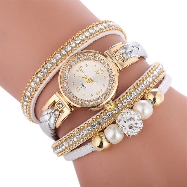 Duoya D249 Woven Twisted Pearls Round Analog Quartz Wrist Bracelet Watch for Ladies
