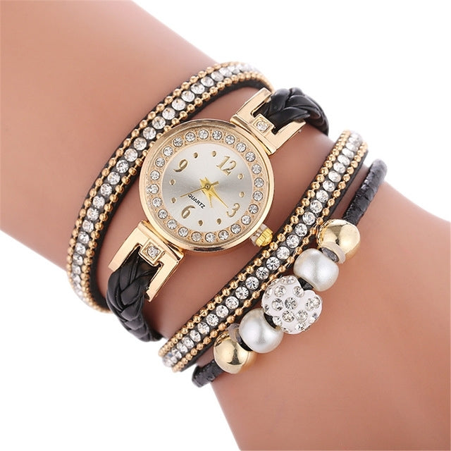 Duoya D249 Woven Twisted Pearls Round Analog Quartz Wrist Bracelet Watch for Ladies