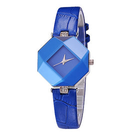 Gem Cut Geometry Crystal Leather Quartz Wristwatch Fashion Watch for Ladies