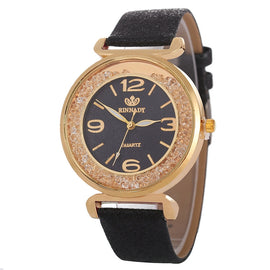 FULAIDA Women Rhinestone Gold Powder PU Leather Strap Quartz Watch