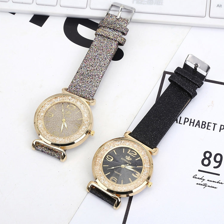 FULAIDA Women Rhinestone Gold Powder PU Leather Strap Quartz Watch