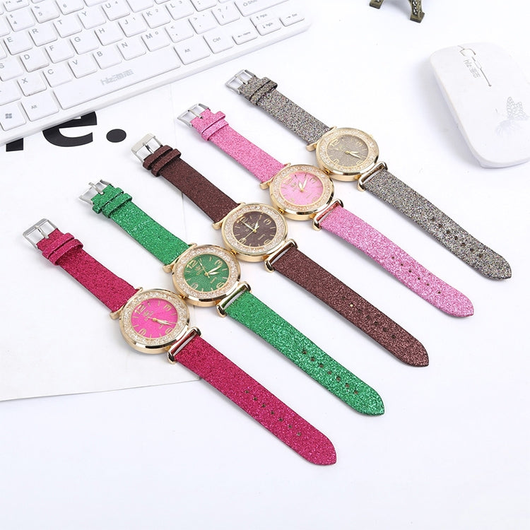 FULAIDA Women Rhinestone Gold Powder PU Leather Strap Quartz Watch