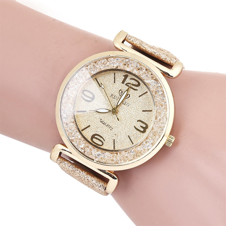 FULAIDA Women Rhinestone Gold Powder PU Leather Strap Quartz Watch