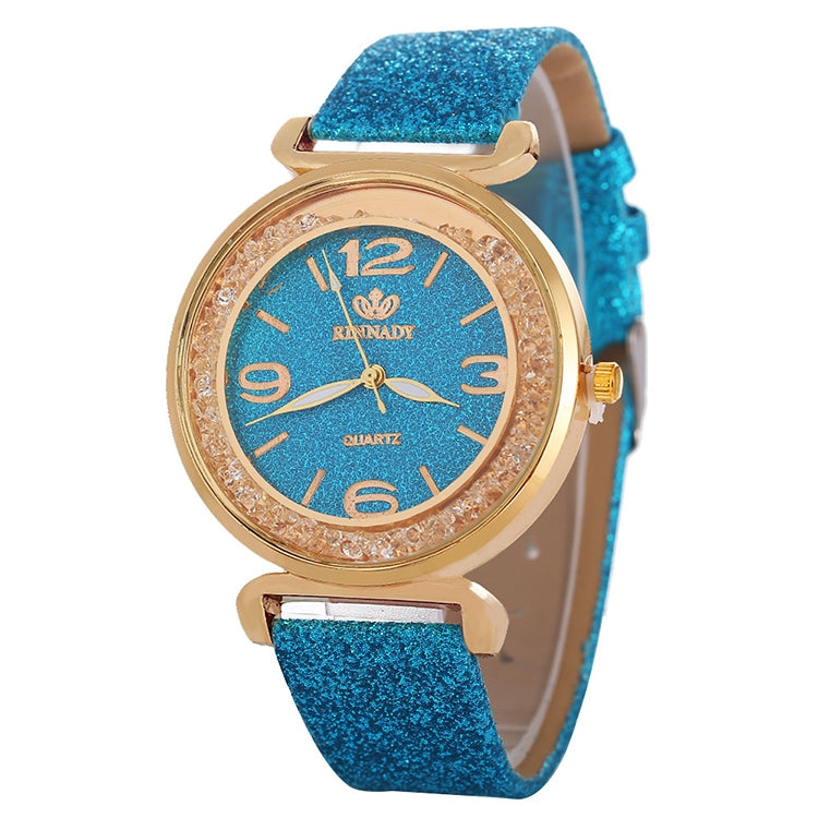 FULAIDA Women Rhinestone Gold Powder PU Leather Strap Quartz Watch