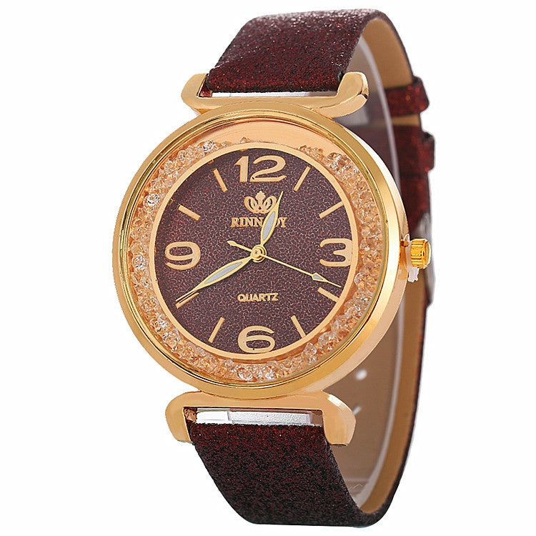 FULAIDA Women Rhinestone Gold Powder PU Leather Strap Quartz Watch