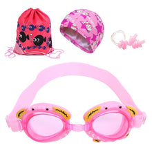 Load image into Gallery viewer, 4 in 1 Cartoon Little Crab Waterproof and Anti-fog Silicone Swimming Goggles + Printed Pattern Swimming Cap + Nose Clip Earplugs + Storage Bag Swimming Equipment Set for Children