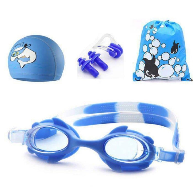 4 in 1 Cartoon Little Crab Waterproof and Anti-fog Silicone Swimming Goggles + Printed Pattern Swimming Cap + Nose Clip Earplugs + Storage Bag Swimming Equipment Set for Children