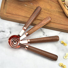 Load image into Gallery viewer, Walnut Handle Copper-Plated Kitchen Baking Tools Bartender Scale Measuring Set, 4 PCS / Set Measuring Spoon, 4 PCS / Set Measuring Cup