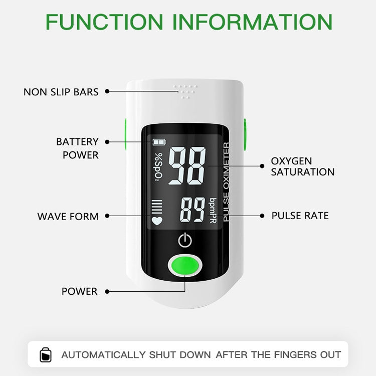 X1805 Oxygen Saturation Detector Medical Monitoring Heart Rate Finger Clip Oximeter, Green, Black, Blue