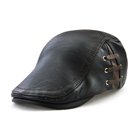 12968 Perforated Strap Design Outdoor All-Match PU Leather Peaked Cap Berets