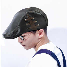 12968 Perforated Strap Design Outdoor All-Match PU Leather Peaked Cap Berets