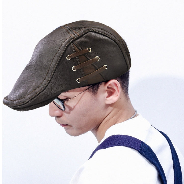 12968 Perforated Strap Design Outdoor All-Match PU Leather Peaked Cap Berets