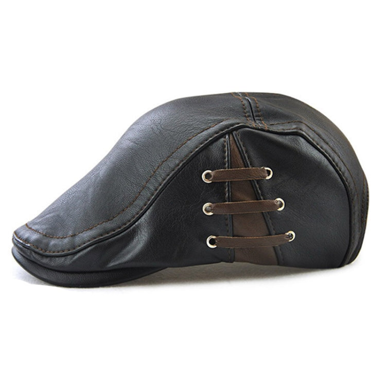12968 Perforated Strap Design Outdoor All-Match PU Leather Peaked Cap Berets