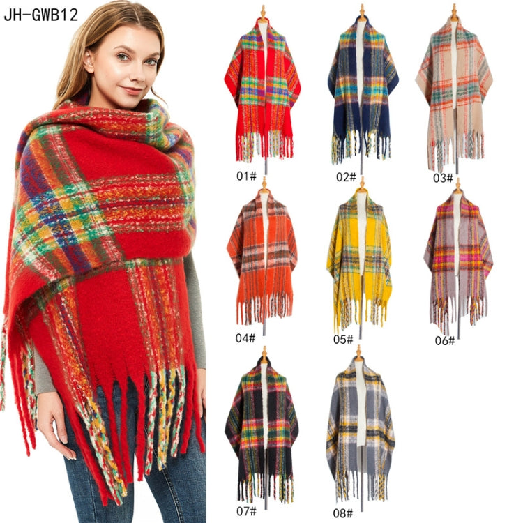 Autumn & Winter Polyester Ladies Warmth Thickened Fringed Fine Grid Scarf
