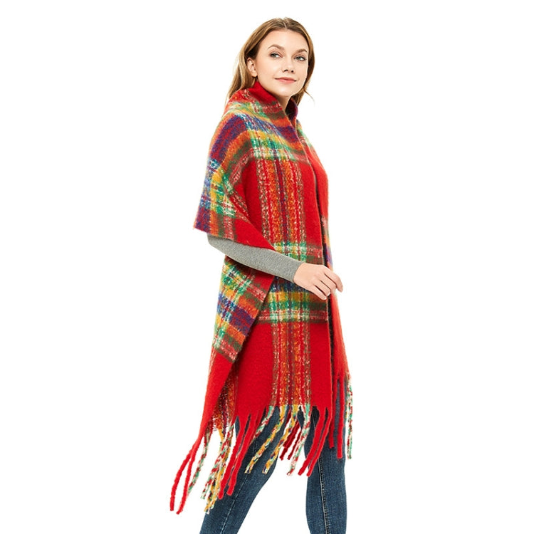 Autumn & Winter Polyester Ladies Warmth Thickened Fringed Fine Grid Scarf