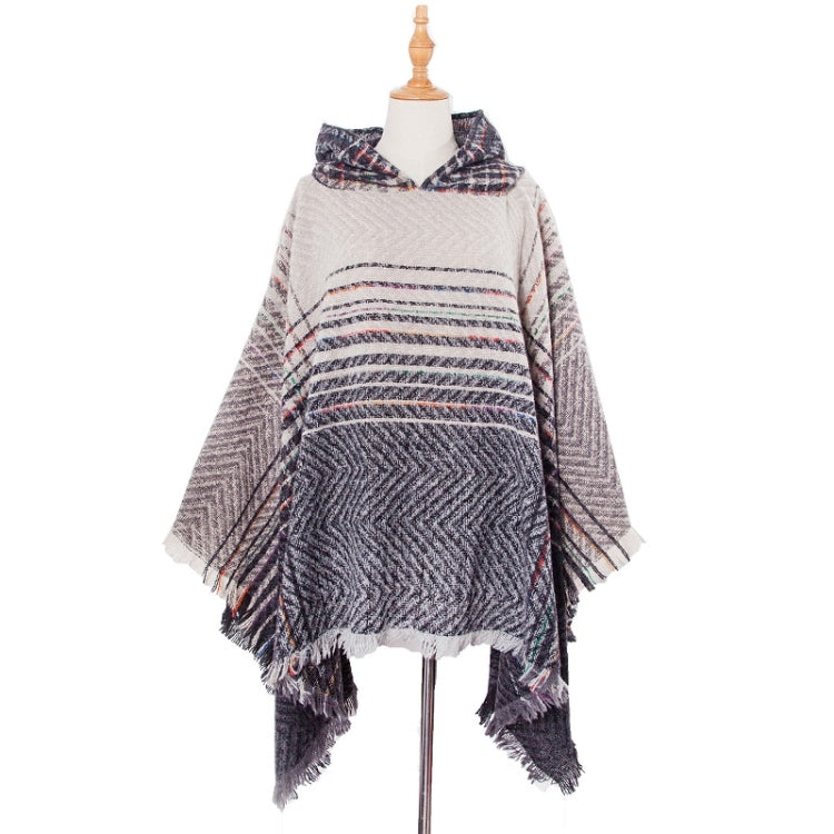 Spring Autumn Winter Checkered Pattern Hooded Cloak Shawl Scarf