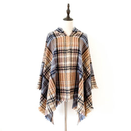 Spring Autumn Winter Checkered Pattern Hooded Cloak Shawl Scarf