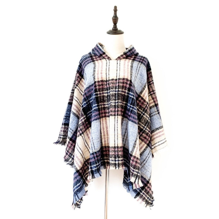 Spring Autumn Winter Checkered Pattern Hooded Cloak Shawl Scarf