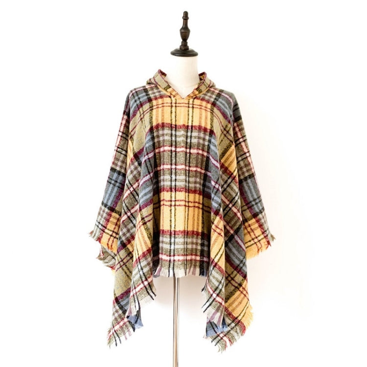 Spring Autumn Winter Checkered Pattern Hooded Cloak Shawl Scarf