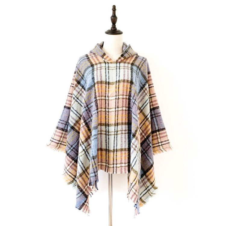 Spring Autumn Winter Checkered Pattern Hooded Cloak Shawl Scarf