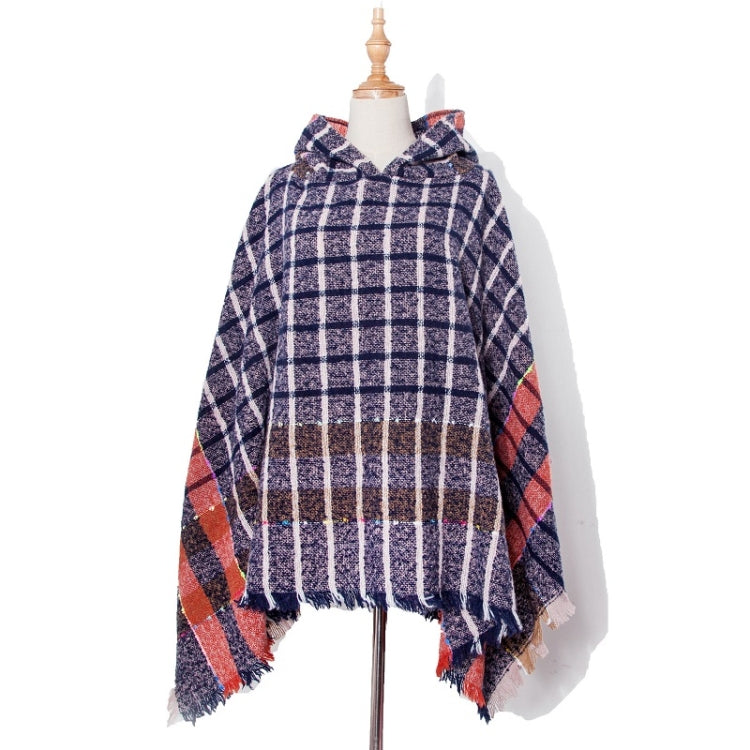 Spring Autumn Winter Checkered Pattern Hooded Cloak Shawl Scarf