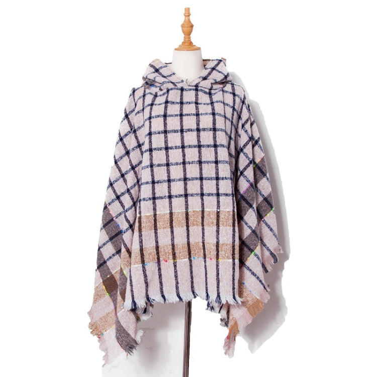 Spring Autumn Winter Checkered Pattern Hooded Cloak Shawl Scarf