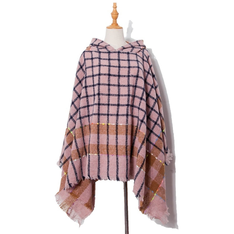 Spring Autumn Winter Checkered Pattern Hooded Cloak Shawl Scarf