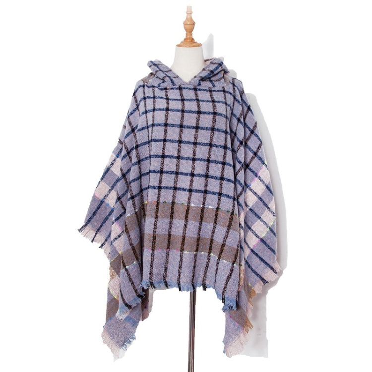Spring Autumn Winter Checkered Pattern Hooded Cloak Shawl Scarf