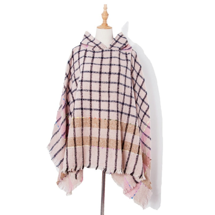 Spring Autumn Winter Checkered Pattern Hooded Cloak Shawl Scarf