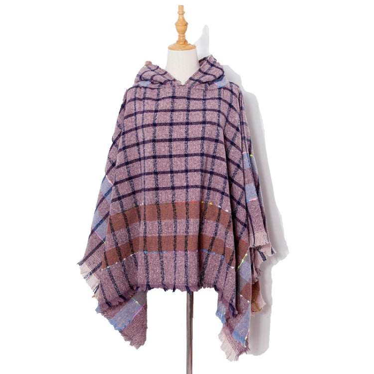Spring Autumn Winter Checkered Pattern Hooded Cloak Shawl Scarf