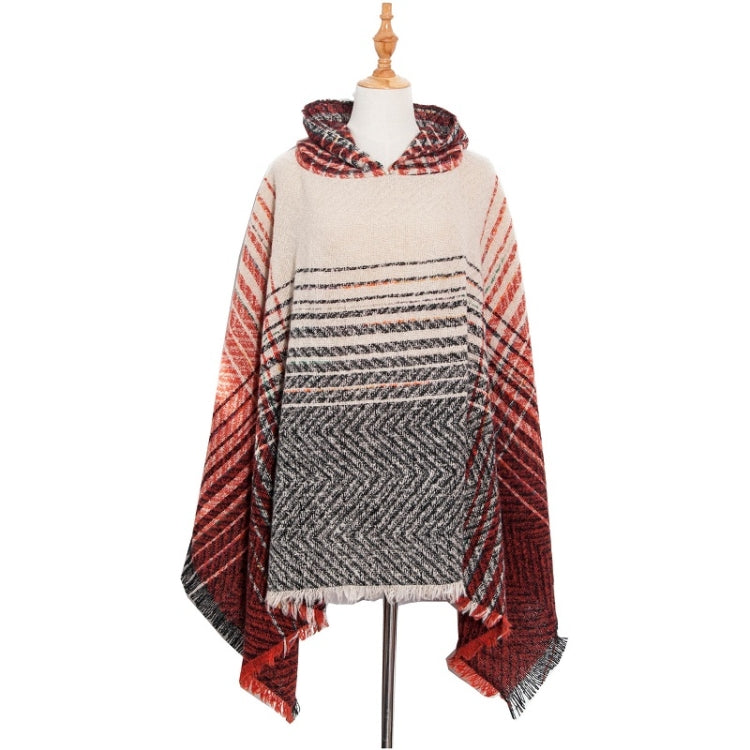 Spring Autumn Winter Checkered Pattern Hooded Cloak Shawl Scarf