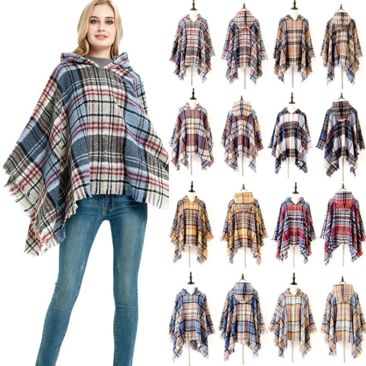 Spring Autumn Winter Checkered Pattern Hooded Cloak Shawl Scarf