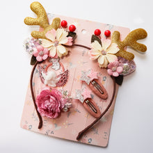 Load image into Gallery viewer, Christmas Hair Accessories Antlers Headband And Little Angel Hairpin Hair Band Combination Set, Pink, Grey