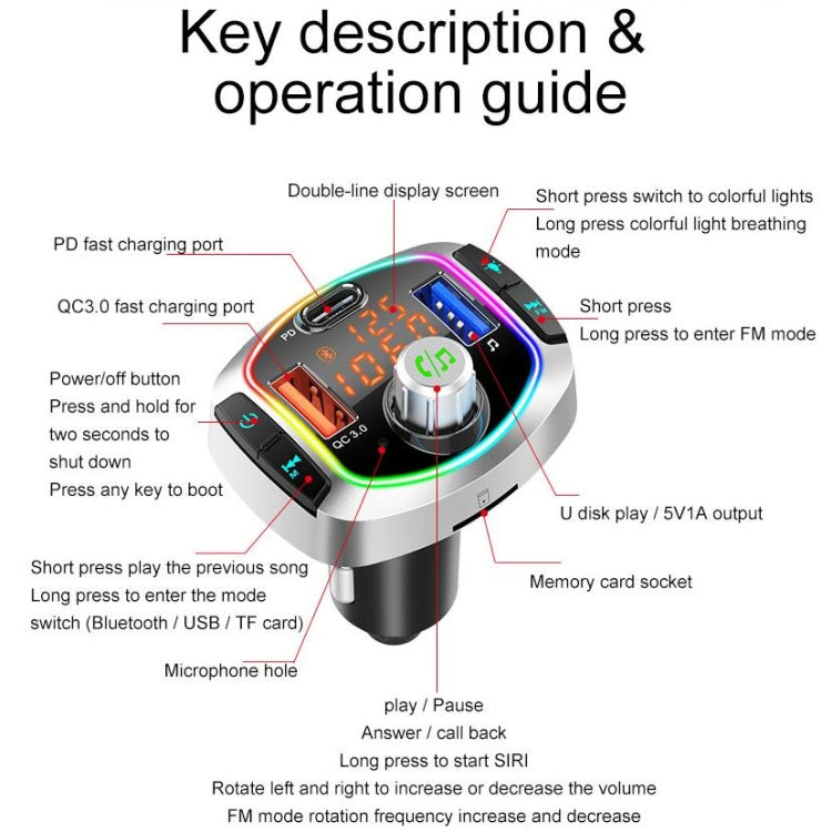BC63 Colorful Car Card MP3 Player Multifunctional Bluetooth Receiver U Disk Charger Car Cigarette Lighter, BC63