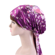 Load image into Gallery viewer, TJM-226 Ladies Satin Print Ribbon Bow Turban Hat Night Cap Silk Chemotherapy Hat Long Tail Braid Hat, Purple, Black, Pink, Royal Blue, Leopard, Big Black Flower, Rose Red Flower, Big Beige Flower, White Black Spots, Red Wine, Khaki, Light Purple       ...