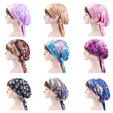 Load image into Gallery viewer, TJM-226 Ladies Satin Print Ribbon Bow Turban Hat Night Cap Silk Chemotherapy Hat Long Tail Braid Hat, Purple, Black, Pink, Royal Blue, Leopard, Big Black Flower, Rose Red Flower, Big Beige Flower, White Black Spots, Red Wine, Khaki, Light Purple       ...