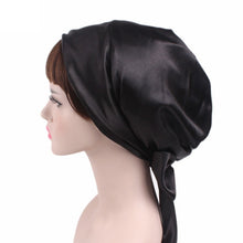 Load image into Gallery viewer, TJM-226 Ladies Satin Print Ribbon Bow Turban Hat Night Cap Silk Chemotherapy Hat Long Tail Braid Hat, Purple, Black, Pink, Royal Blue, Leopard, Big Black Flower, Rose Red Flower, Big Beige Flower, White Black Spots, Red Wine, Khaki, Light Purple       ...