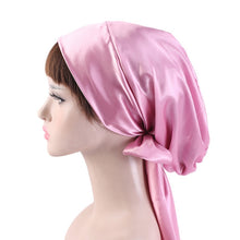 Load image into Gallery viewer, TJM-226 Ladies Satin Print Ribbon Bow Turban Hat Night Cap Silk Chemotherapy Hat Long Tail Braid Hat, Purple, Black, Pink, Royal Blue, Leopard, Big Black Flower, Rose Red Flower, Big Beige Flower, White Black Spots, Red Wine, Khaki, Light Purple       ...