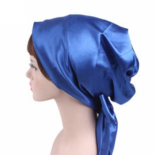 Load image into Gallery viewer, TJM-226 Ladies Satin Print Ribbon Bow Turban Hat Night Cap Silk Chemotherapy Hat Long Tail Braid Hat, Purple, Black, Pink, Royal Blue, Leopard, Big Black Flower, Rose Red Flower, Big Beige Flower, White Black Spots, Red Wine, Khaki, Light Purple       ...