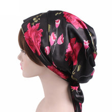 Load image into Gallery viewer, TJM-226 Ladies Satin Print Ribbon Bow Turban Hat Night Cap Silk Chemotherapy Hat Long Tail Braid Hat, Purple, Black, Pink, Royal Blue, Leopard, Big Black Flower, Rose Red Flower, Big Beige Flower, White Black Spots, Red Wine, Khaki, Light Purple       ...