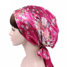 Load image into Gallery viewer, TJM-226 Ladies Satin Print Ribbon Bow Turban Hat Night Cap Silk Chemotherapy Hat Long Tail Braid Hat, Purple, Black, Pink, Royal Blue, Leopard, Big Black Flower, Rose Red Flower, Big Beige Flower, White Black Spots, Red Wine, Khaki, Light Purple       ...