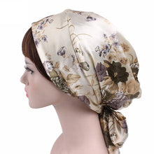 Load image into Gallery viewer, TJM-226 Ladies Satin Print Ribbon Bow Turban Hat Night Cap Silk Chemotherapy Hat Long Tail Braid Hat, Purple, Black, Pink, Royal Blue, Leopard, Big Black Flower, Rose Red Flower, Big Beige Flower, White Black Spots, Red Wine, Khaki, Light Purple       ...