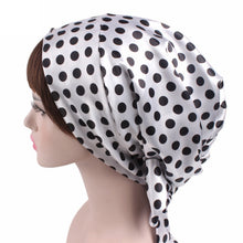 Load image into Gallery viewer, TJM-226 Ladies Satin Print Ribbon Bow Turban Hat Night Cap Silk Chemotherapy Hat Long Tail Braid Hat, Purple, Black, Pink, Royal Blue, Leopard, Big Black Flower, Rose Red Flower, Big Beige Flower, White Black Spots, Red Wine, Khaki, Light Purple       ...