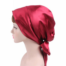 Load image into Gallery viewer, TJM-226 Ladies Satin Print Ribbon Bow Turban Hat Night Cap Silk Chemotherapy Hat Long Tail Braid Hat, Purple, Black, Pink, Royal Blue, Leopard, Big Black Flower, Rose Red Flower, Big Beige Flower, White Black Spots, Red Wine, Khaki, Light Purple       ...