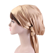 Load image into Gallery viewer, TJM-226 Ladies Satin Print Ribbon Bow Turban Hat Night Cap Silk Chemotherapy Hat Long Tail Braid Hat, Purple, Black, Pink, Royal Blue, Leopard, Big Black Flower, Rose Red Flower, Big Beige Flower, White Black Spots, Red Wine, Khaki, Light Purple       ...
